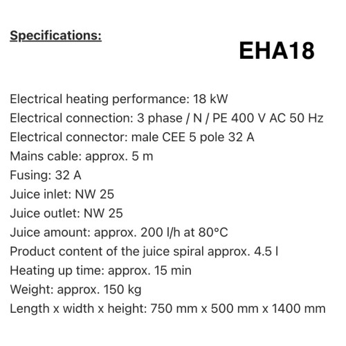 Elektriskais sulas pasterizators EHA18 – EHA45