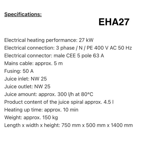 Elektriskais sulas pasterizators EHA18 – EHA45