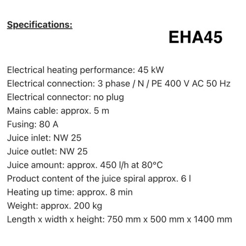 Elektriskais sulas pasterizators EHA18 – EHA45