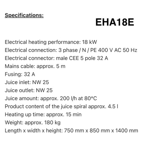 Electric juice pasteurizer EHA18E – EHA45E