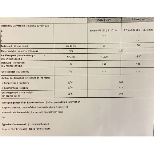 Tecido filtrante (bagas, frutos macios), peso 165 g/m², largura 150 cm